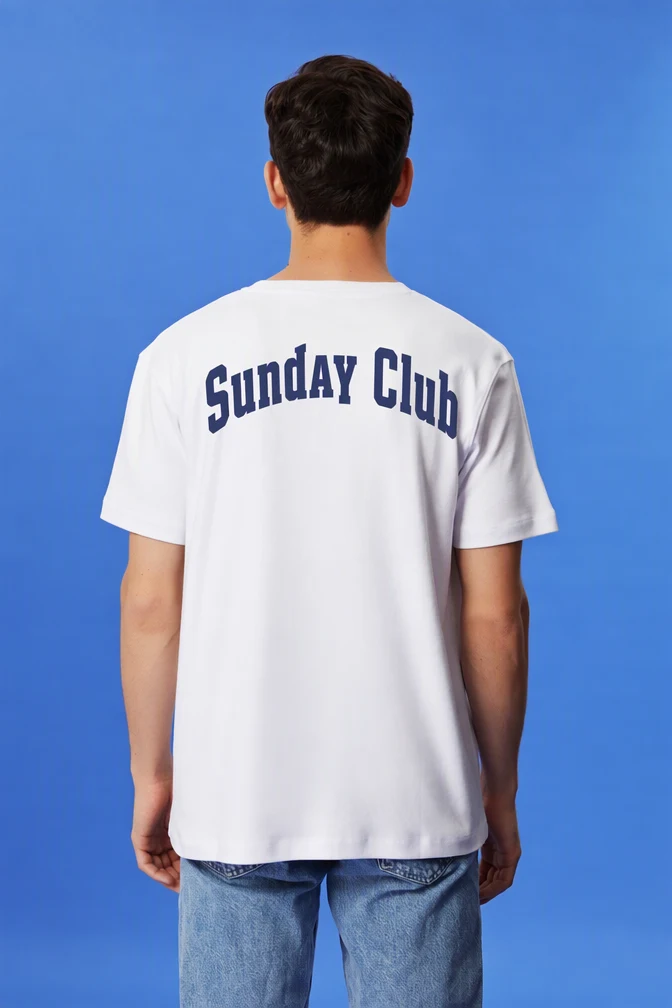 The same T-shirt with Sunday Club screen-printed across the back in navy varsity letters