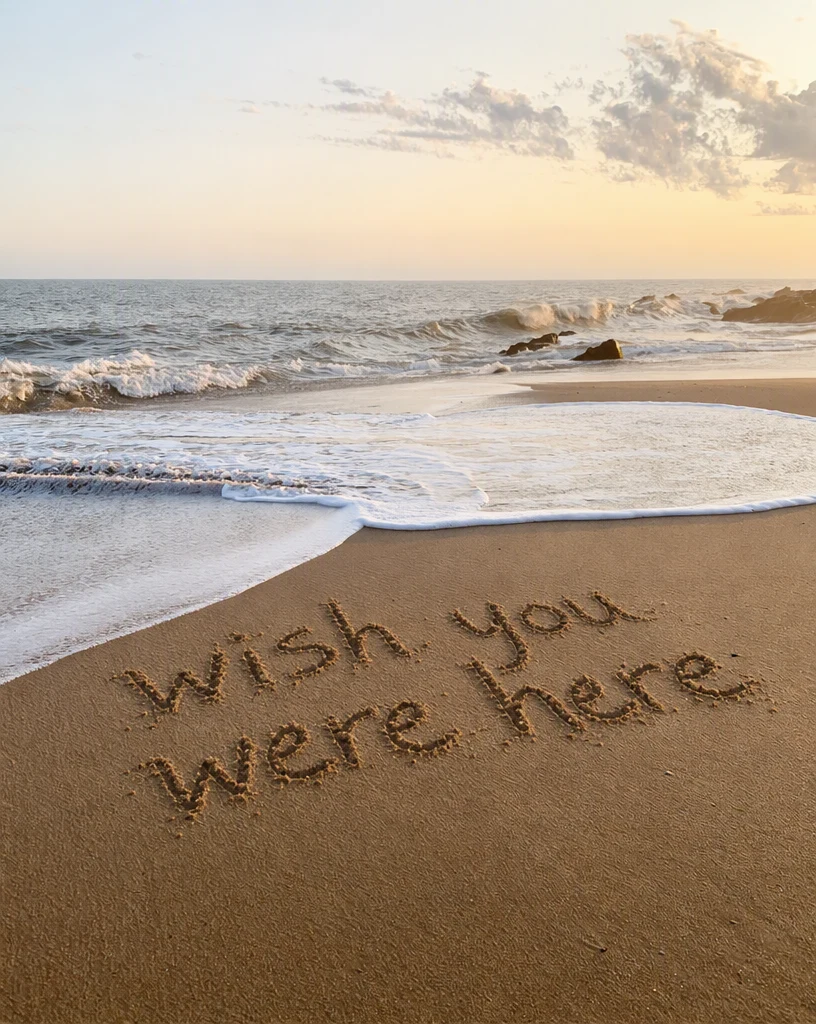 The same beach with wish you were here written in the wet sand