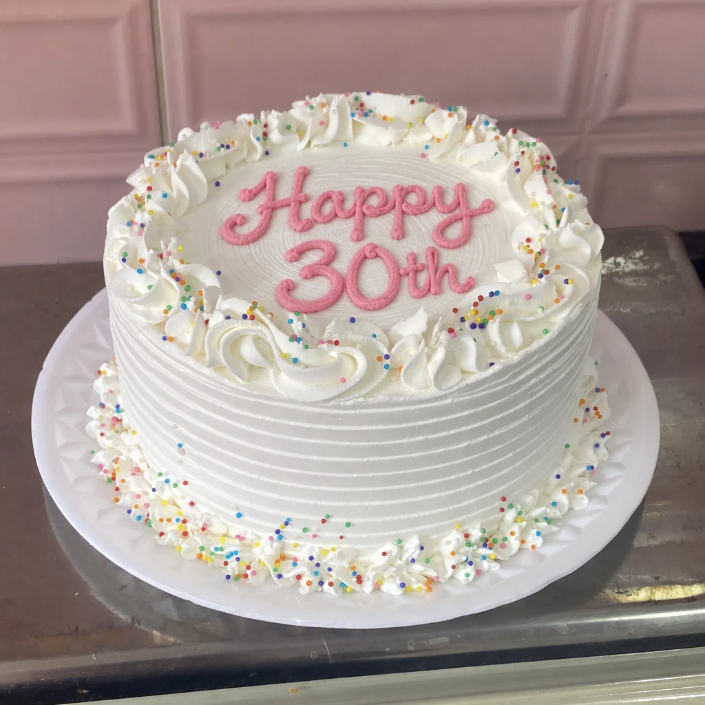 The same cake with Happy 30th piped across the top in pink icing