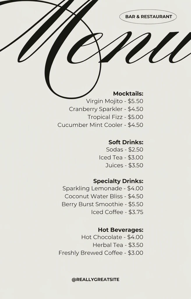The same drinks menu with Virgin Mojito now $5.50 and Iced Coffee now $3.75 in the same small type; every other drink, price and heading is unchanged.