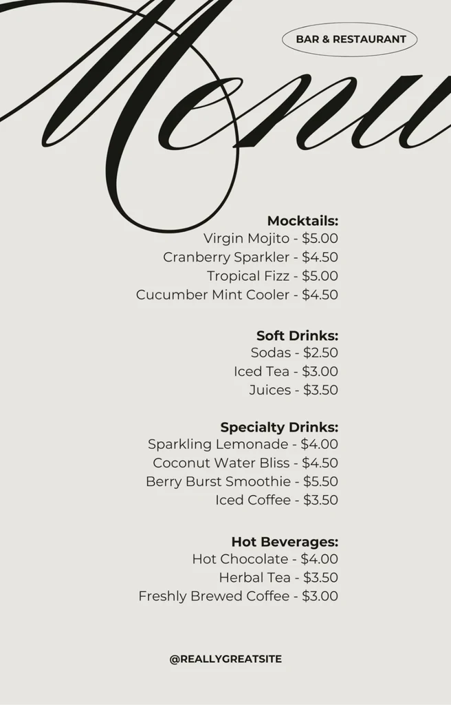 Minimal beige bar and restaurant drinks menu with a large black script ‘Menu’ heading and right-aligned lists of mocktails, soft drinks, specialty drinks and hot beverages with prices; Virgin Mojito is $5.00 and Iced Coffee is $3.50.