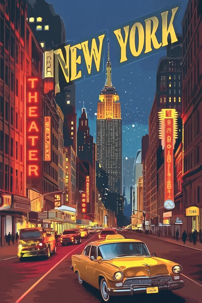 編集後：赤いネオンサインが THEATER に変わった同じイラスト。スカイライン、タクシー、NEW YORK の見出しは変わっていない