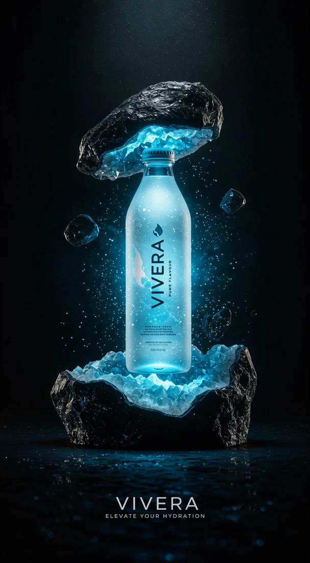 La même publicité avec le nom de la marque sur la bouteille corrigé en « VIVERA » dans les mêmes grandes lettres sombres, en accord avec le logo en dessous, et le slogan corrigé en « ELEVATE YOUR HYDRATION » ; la petite ligne à côté du nom indique maintenant « PURE FLAVOUR », et la bouteille, la glace, les rochers et le fond lumineux sont par ailleurs inchangés.