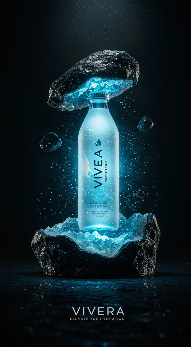 Publicité générée par IA pour une marque d’eau fictive : une bouteille en verre dépoli diffuse une lueur bleue entre deux rochers de glace noirs en lévitation, avec le nom de la marque mal orthographié « VIVEA » en grandes lettres sombres qui montent le long de la bouteille ; en dessous, le propre logo « VIVERA » de la publicité et le slogan « ELEVATE YOR HYDRATION » avec une faute de frappe.