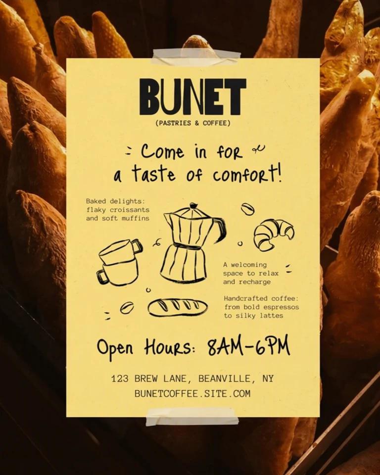 同一张海报，那一行已改正为“Open Hours: 8AM-6PM”，仍是同样的手绘字；海报其余部分和面包照片保持不变。