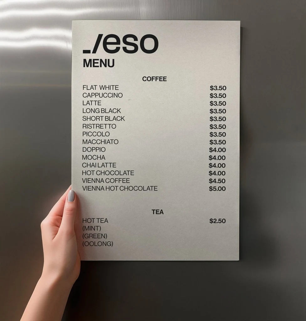 Fotka vytištěného jídelního lístku kavárny ve formátu A4 přitisknutého k povrchu z kartáčované oceli: logo _/eso, nadpis MENU, seznam COFFEE a řádek TEA se sloupcem cen zarovnaným doprava; Vienna Coffee stojí $4.50, Vienna Hot Chocolate $5.00 a Hot Tea $2.50.