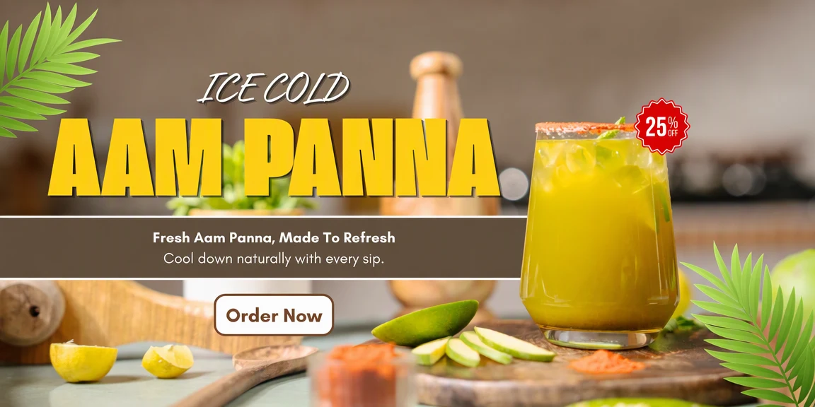 Isti banner kao verzija B naslova, sada s „ICE COLD” iznad „AAM PANNA.” istim rukopisnim slovima i žutim velikim slovima; fotografija, značka 25% OFF, slogan i gumb Order Now nisu promijenjeni.