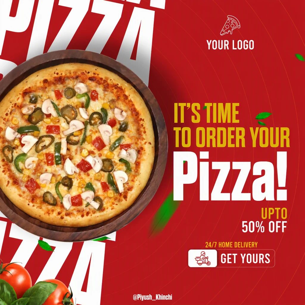 Isti oglas s tekstom gumba promijenjenim u „GET YOURS” istim podebljanim velikim slovima na istom bijelom gumbu; fotografija pizze, naslov, ponuda i redak o dostavi nisu promijenjeni.