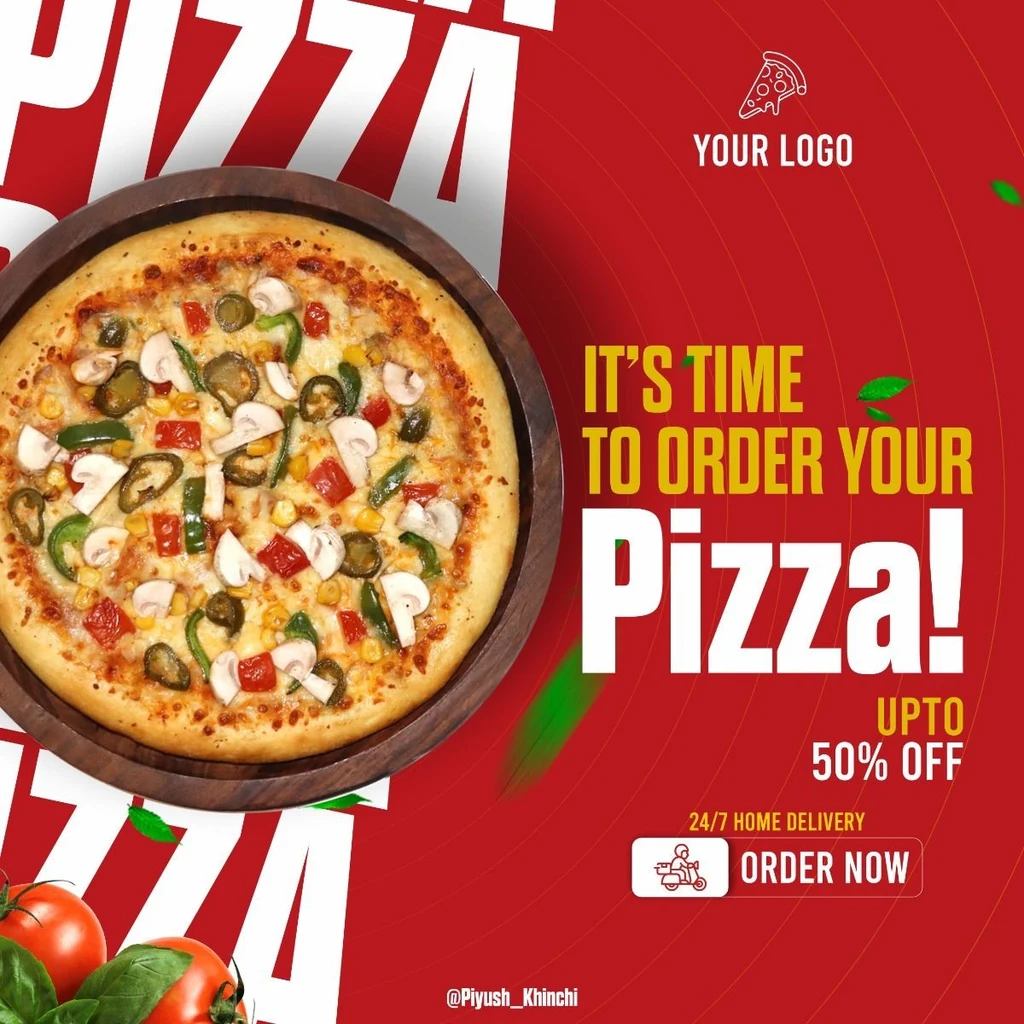 Kvadratni oglas za pizzu na crvenoj pozadini: fotografija pizze na drvenoj dasci, naslov „IT’S TIME TO ORDER YOUR Pizza!”, „UPTO 50% OFF”, „24/7 HOME DELIVERY” i bijeli zaobljeni gumb s ikonom skutera i natpisom „ORDER NOW”.