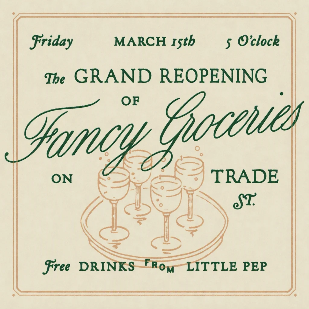 The same card with the serif headline now reading ‘The GRAND REOPENING OF’; the script store name, date line, drawing and border are unchanged.