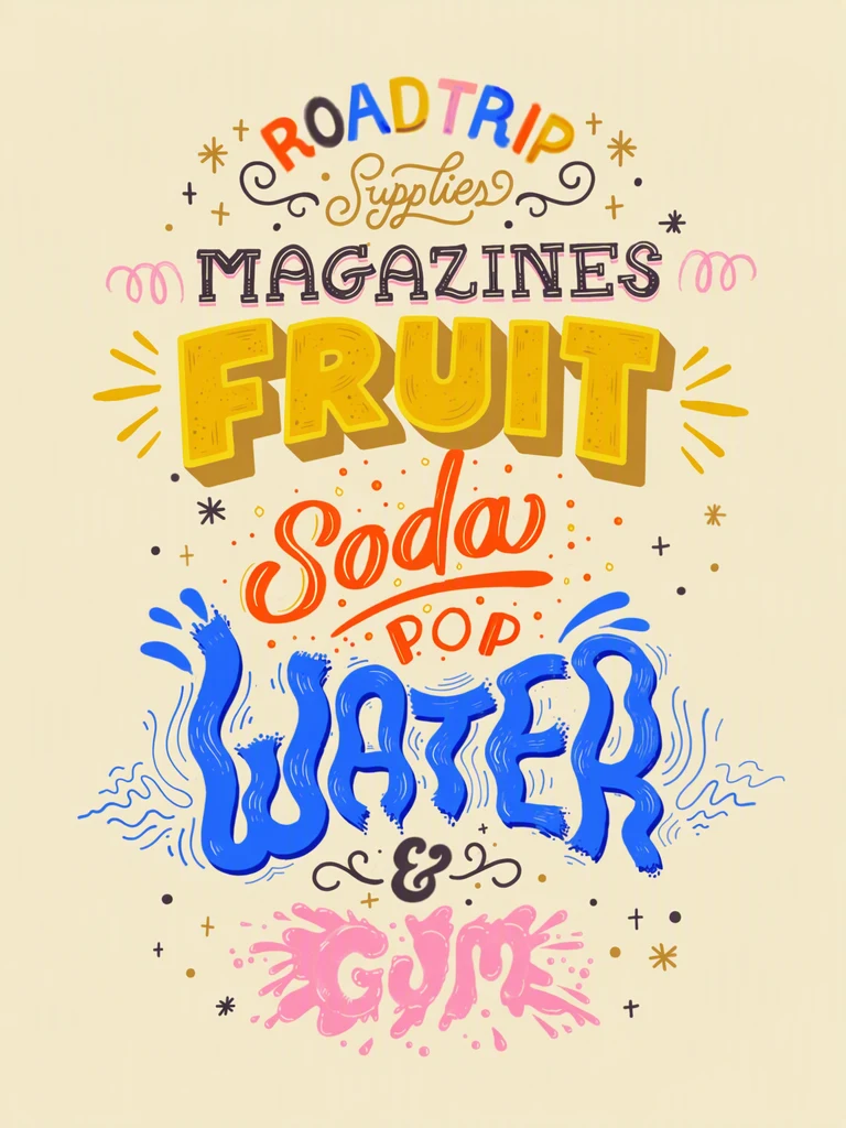The same print with ‘CHIPS’ replaced by ‘FRUIT’ in the same chunky yellow 3D lettering, shadow and hatching; the other words and doodles are unchanged.