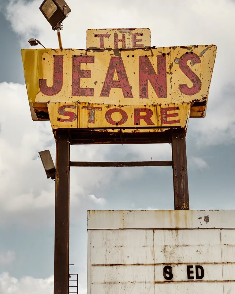 Ugyanaz a fénykép, a nagy szó „JEANS” lett, továbbra is hámló piros festékkel, rozsdafoltokkal és lepattogzásokkal a betűkön; a „THE”, a „STORE”, az oszlop, az ég és az alsó tábla változatlan.