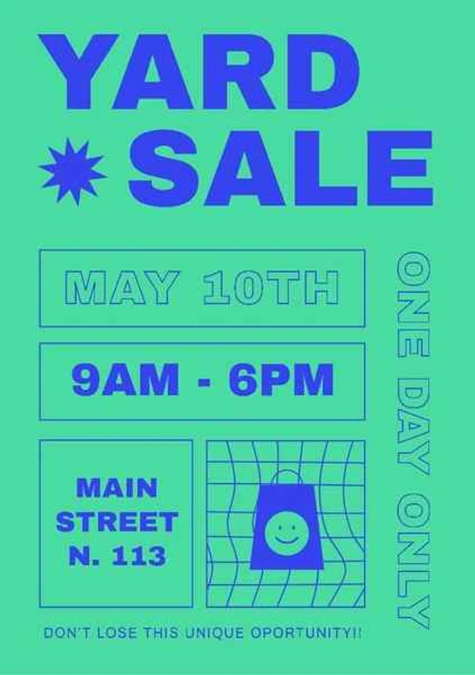 Egy garázsvásárt hirdető zöld-kék szórólap kicsi, erősen tömörített JPG-képe: „YARD SALE”, „MAY 10TH”, „9AM - 6PM”, „MAIN STREET N. 113” és „ONE DAY ONLY”, elmosódott szélekkel és színzajjal minden betű körül.