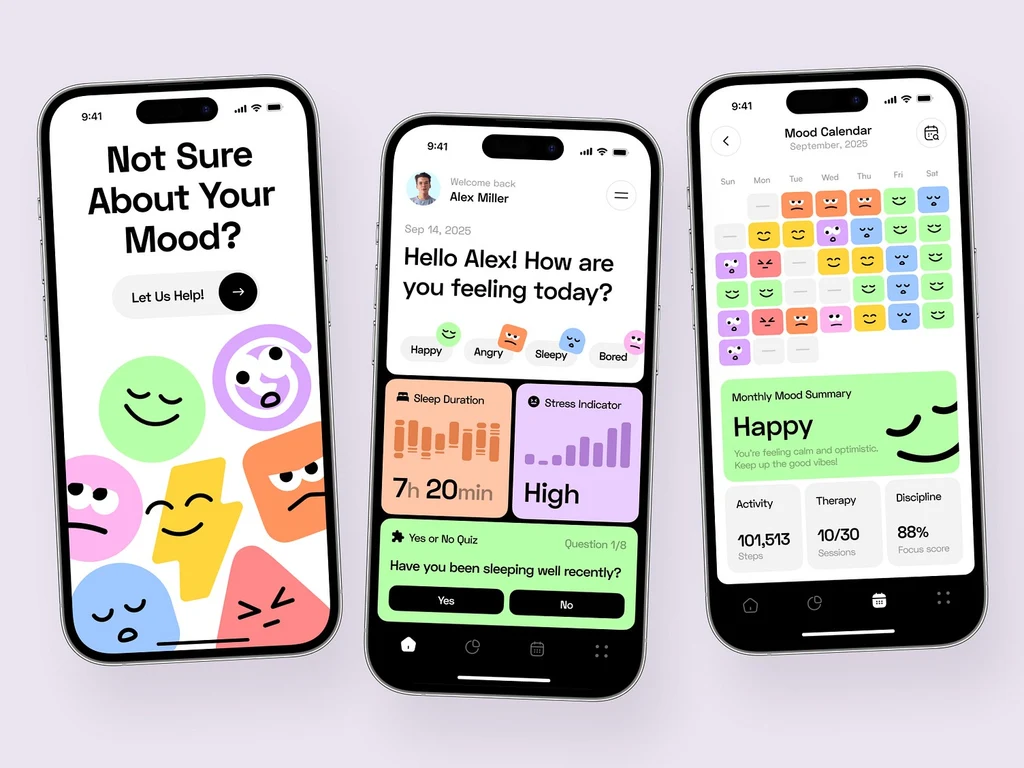 Three phone screens of a mood-tracker app concept on lilac; the first screen’s heading asks ‘Not Sure About Your Mood?’ above a ‘Let Us Help!’ button and colourful mood faces.