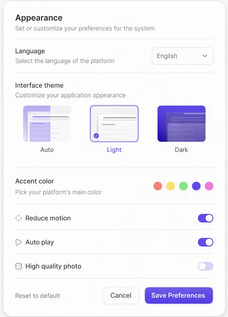 The same settings panel with the helper line corrected to ‘Customize your application appearance’ in the same small grey type; every other label, button and toggle is unchanged.