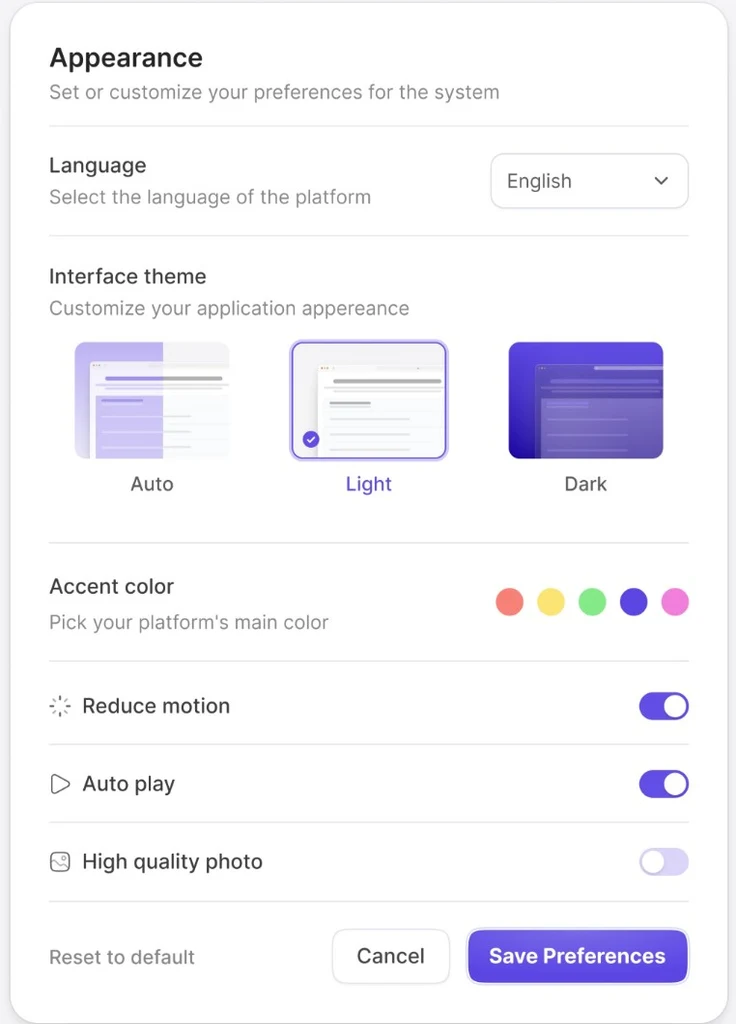 Appearance settings panel with language, interface theme, accent color and toggle rows; the grey helper line under ‘Interface theme’ reads ‘Customize your application appereance’ with a typo.