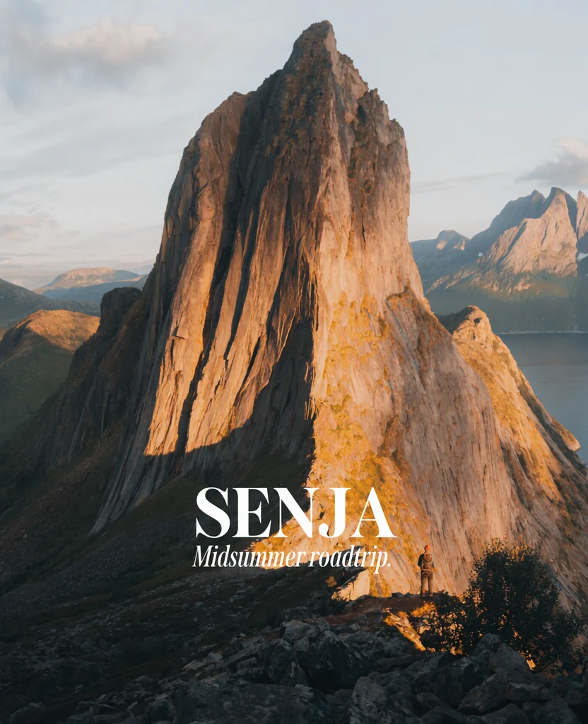 The same mountain photo with the title changed to ‘SENJA’; the rock texture, light, sky and hiker are unchanged and the italic line stays.