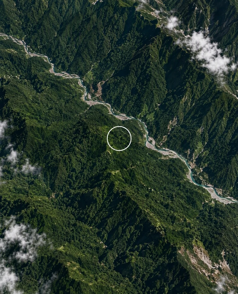 The same aerial view with the subtitle and its black box removed and the forest filled in where they were; the river, clouds and white circle are unchanged.