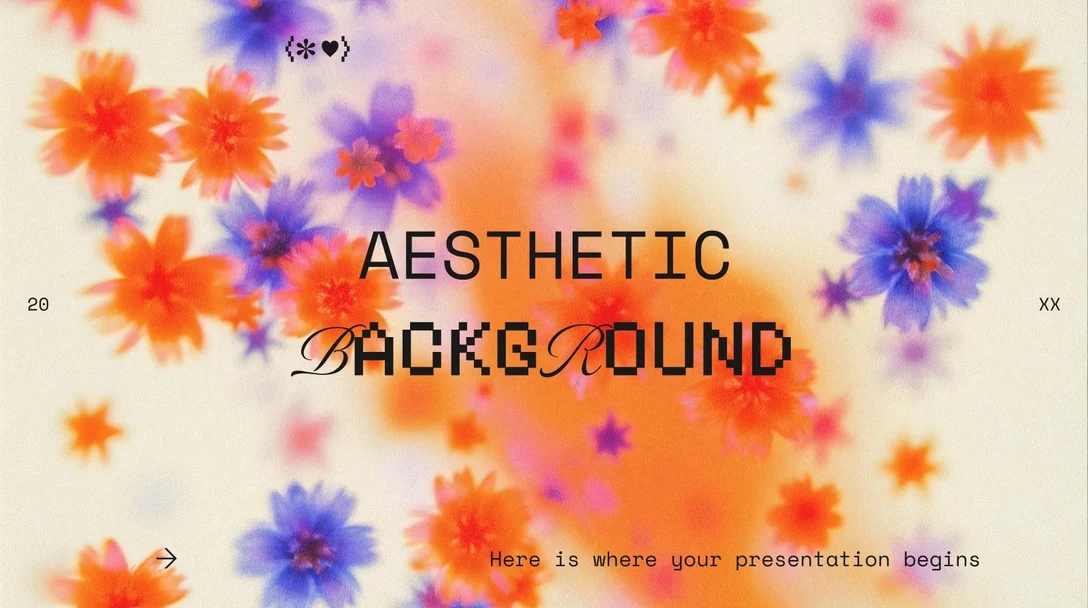 Úvodní slide 16:9 přes rozostřené oranžové a fialové květy na krémovém pozadí s nadpisem „AESTHETIC BACKGROUND“, rohovými štítky „20“ a „XX“, malým řádkem symbolů nahoře, šipkou vlevo dole a popiskem „Here is where your presentation begins“ vpravo dole.