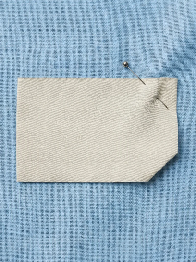 The same pinned label on the blue linen with its embroidered words removed, leaving a blank cream label, the pin and the fabric weave.