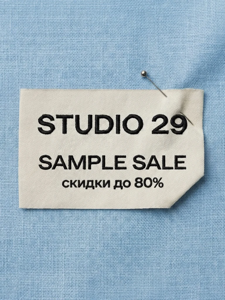 Cream fabric label pinned to a light blue linen shirt, embroidered in black with ‘STUDIO 29’, ‘SAMPLE SALE’ and the Russian line ‘скидки до 80%’ (discounts up to 80%).