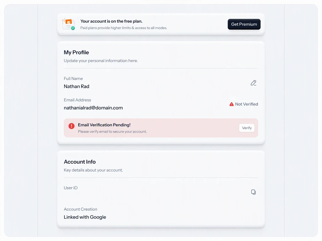 Le même écran de paramètres sans la valeur du User ID, avec le fond de la carte complété ; le libellé « User ID », l’icône de copie, le nom, l’e-mail et tous les autres éléments sont inchangés.