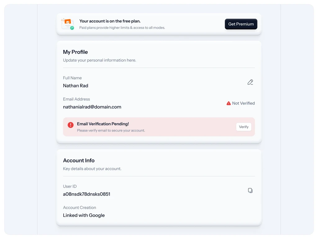 Écran de paramètres de compte avec une bannière de forfait gratuit, une carte My Profile affichant un nom et un e-mail fictifs avec un avis de vérification, et une carte Account Info dont la ligne User ID affiche l’identifiant fictif a08nsdk78dnsks0851.