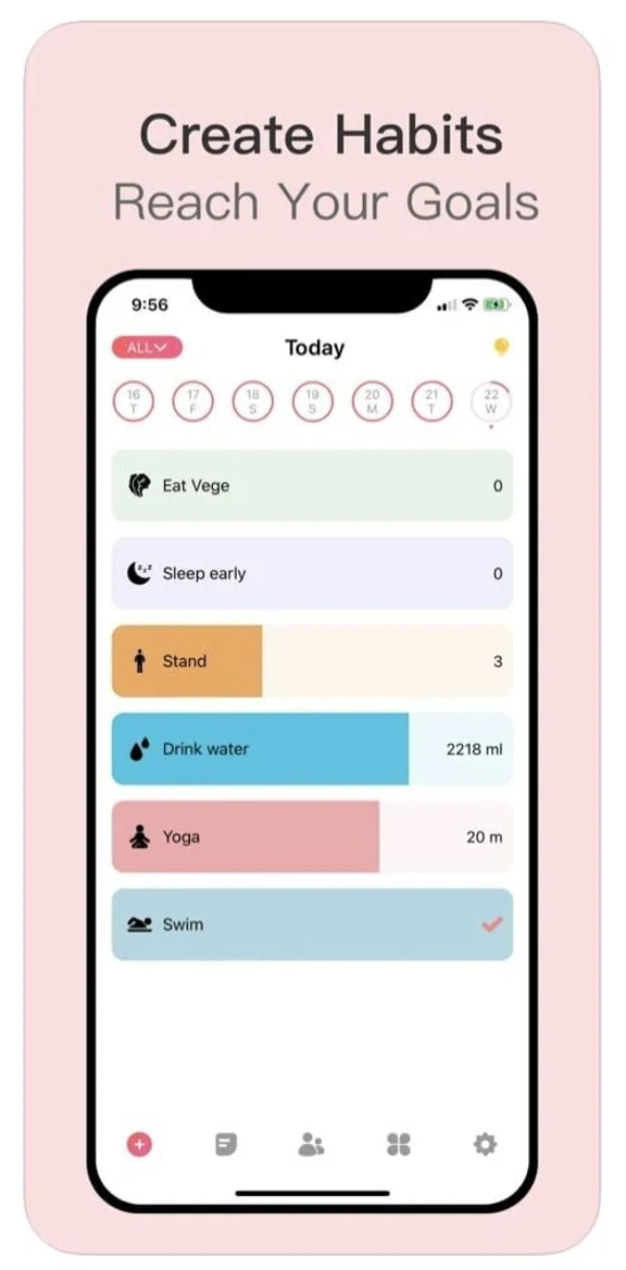 淡粉色的习惯追踪 App 的 App Store 截图，手机上方是英文标语“Create Habits, Reach Your Goals”，手机屏幕显示每日习惯列表