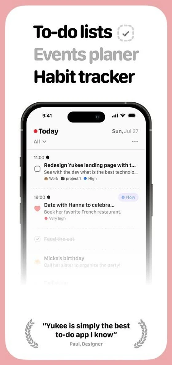 Yukee 待办 App 的白色 App Store 截图，背景为粉色，手机上方是大号标语“To-do lists, Events planer, Habit tracker”，下方是一句用户评语“Yukee is simply the best to-do app I know”，署名为 Paul, Designer