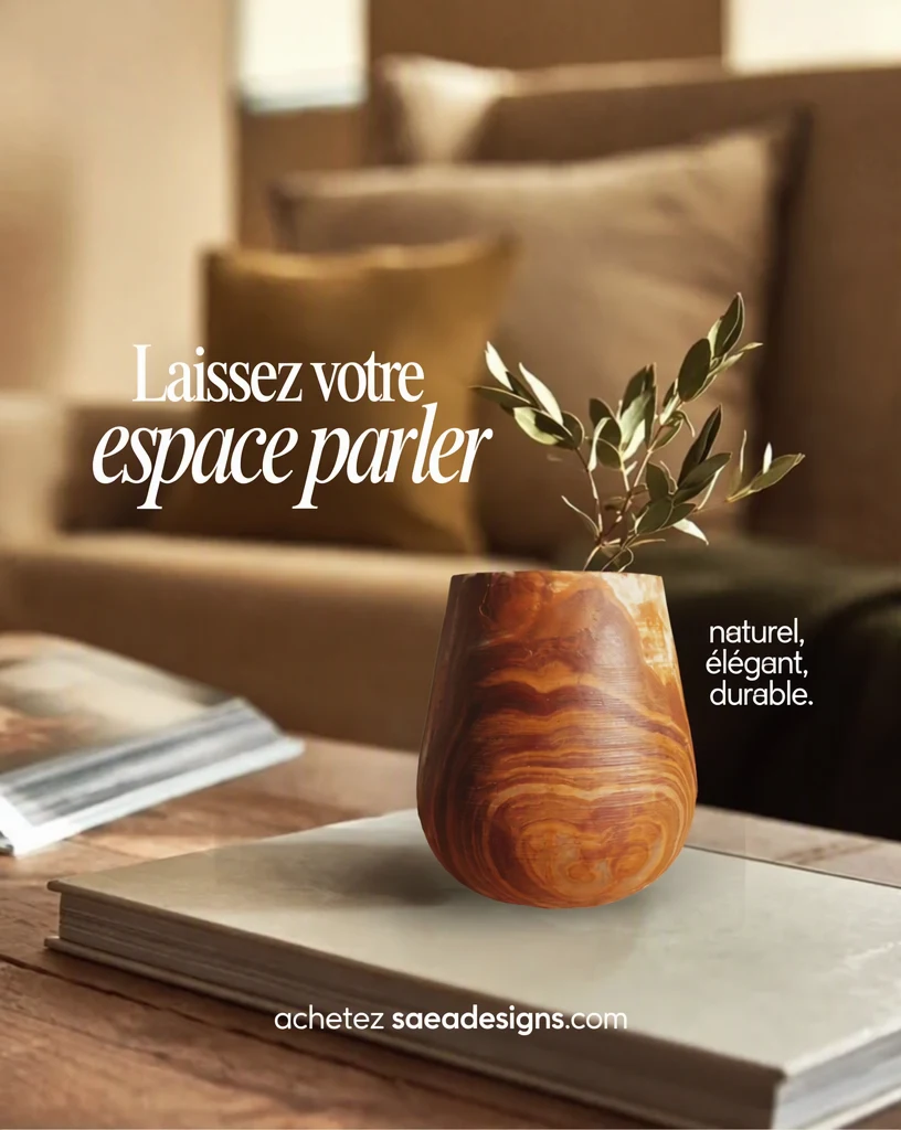 同一张客厅照片改为法文：标题为“Laissez votre espace parler”，小字为“naturel, élégant, durable.”，底部一行为“achetez saeadesigns.com”，网址保持原样；花瓶、橄榄枝和房间保持不变。